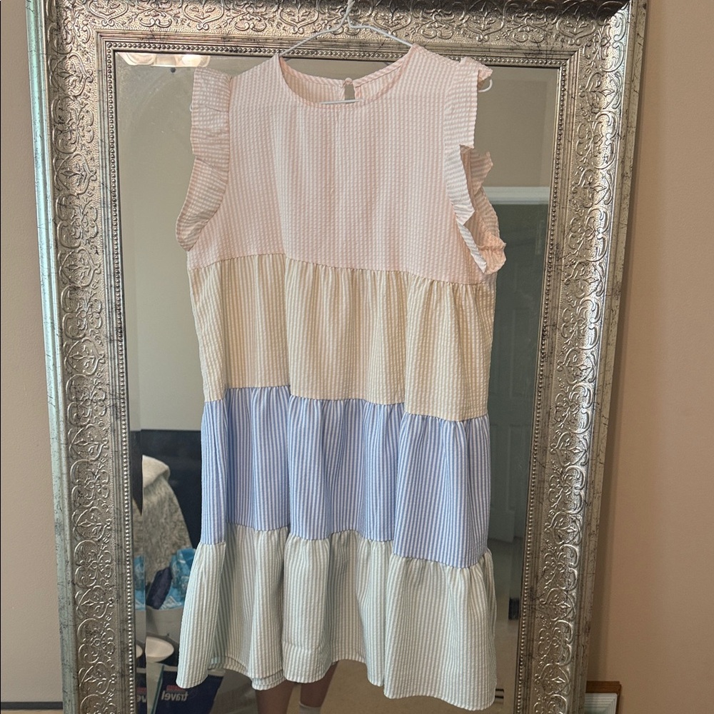 Tiered Pastel Stripe Girls' Dress - Pink, Yellow, Blue, Cream